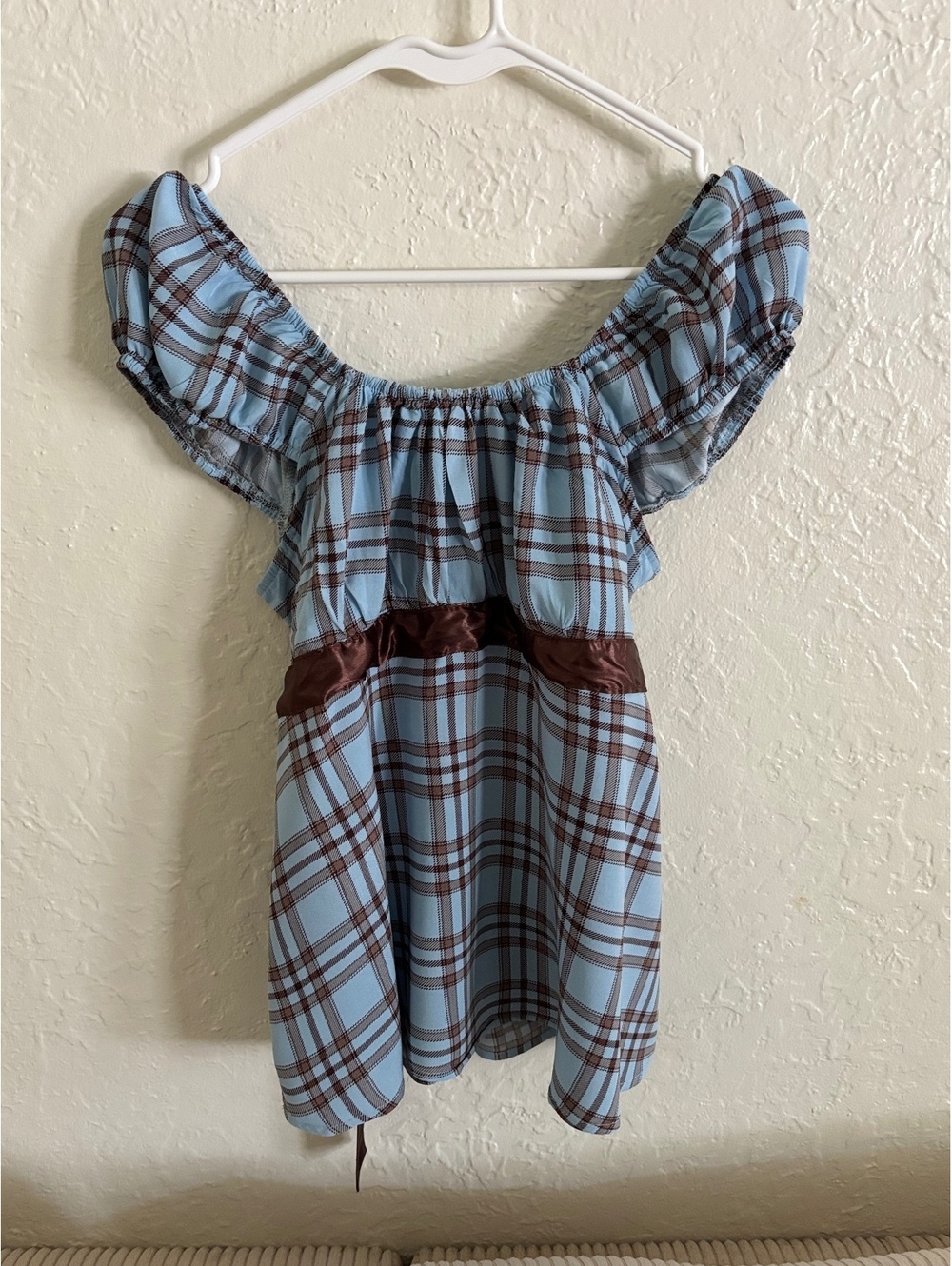 Velvet Moon Y2K Plaid Babydoll Top XL Blue Brown Puff Sleeve